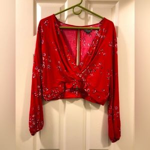 Red Floral Low Cut Cropped Blouse